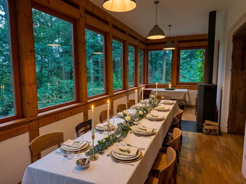 Festlich gedeckte Tafel im Kaminzimmer mit Fensterfront zum Wald