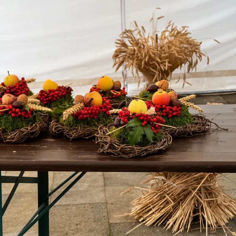 Selbst gebundene Herbstgestecke aus Moos, Vogelbeeren, Äpfeln, Nüssen und Getreideähren auf einem Biertisch vor dem Festzelt, daneben Getreidegarben