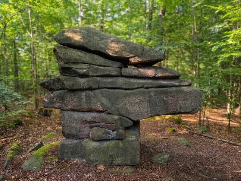 Der Kuckuckstein im Wald: gestapelte Granitplatten in Form eines Vogelkopfs