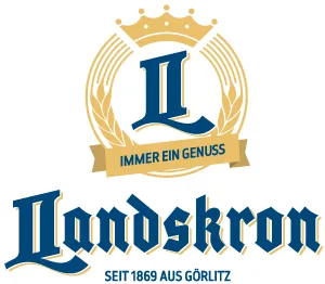 Logo der Brauerei Landskron aus Görlitz: ein blaues L im Wappen mit Krone und Ährenkranz, darunter der Schriftzug „Landskron – seit 1869 aus Görlitz“