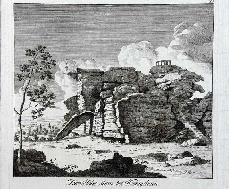 Stich des Hochsteins mit der handschriftlichen Bildunterschrift „Der Hohe stein bei Koenigshain“: geschichteter Granitfelsen, auf dem höchsten Block ein kleiner offener Pavillon, rechts eine in den Fels gehauene Treppe, links eine Gestalt hoch oben auf dem Fels