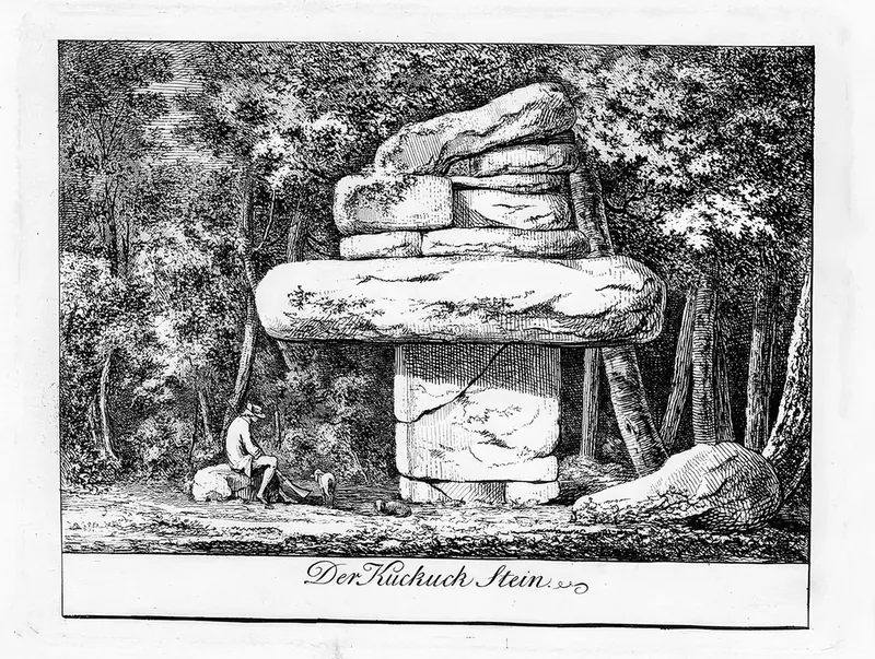 Stich mit der Unterschrift „Der Kuckuck Stein“: ein pilzförmiger Granitblock im Wald, waagerechte Platte auf schmalem Sockel, links sitzt ein Wanderer mit Hund davor