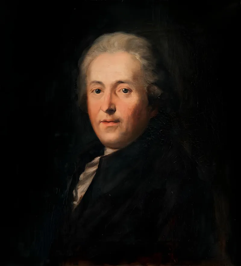 Gemaltes Bildnis Carl Adolph Gottlob von Schachmanns: ein Mann mit weiß gepudertem Haar, dunklem Mantel und weißem Halstuch vor dunklem Grund