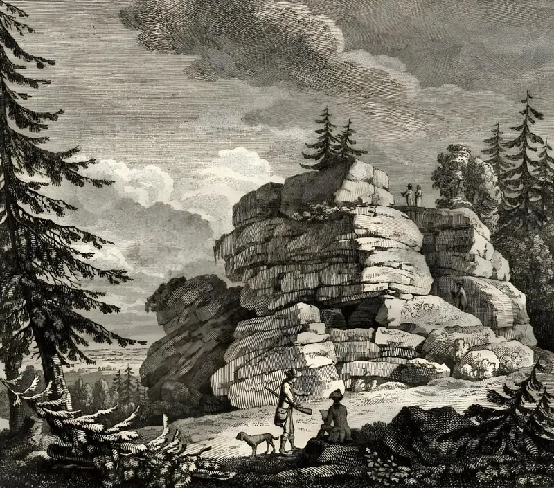 Radierung des Todtensteins: eine mehrfach gestufte Granitfelsgruppe zwischen hohen Fichten, auf der Kuppe zwei kleine Figuren, im Vordergrund ein Jäger mit Hund und ein sitzender Zeichner