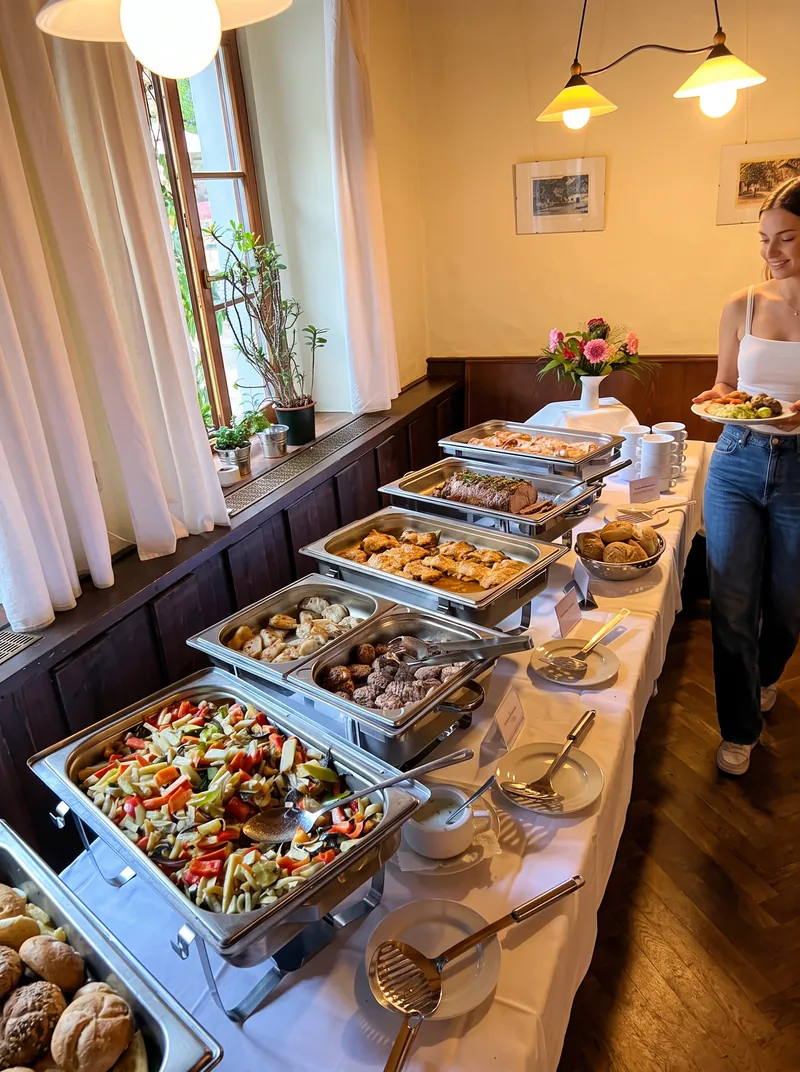 Buffet im Saal der Hochsteinbaude: Chafing Dishes mit Gemüsepfanne, Fleisch und Beilagen auf weiß eingedeckter Tafel, eine Frau nimmt sich einen Teller